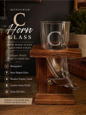 Monogram C Horn Shaped Drinking Glass Wood Stand Leather Strap